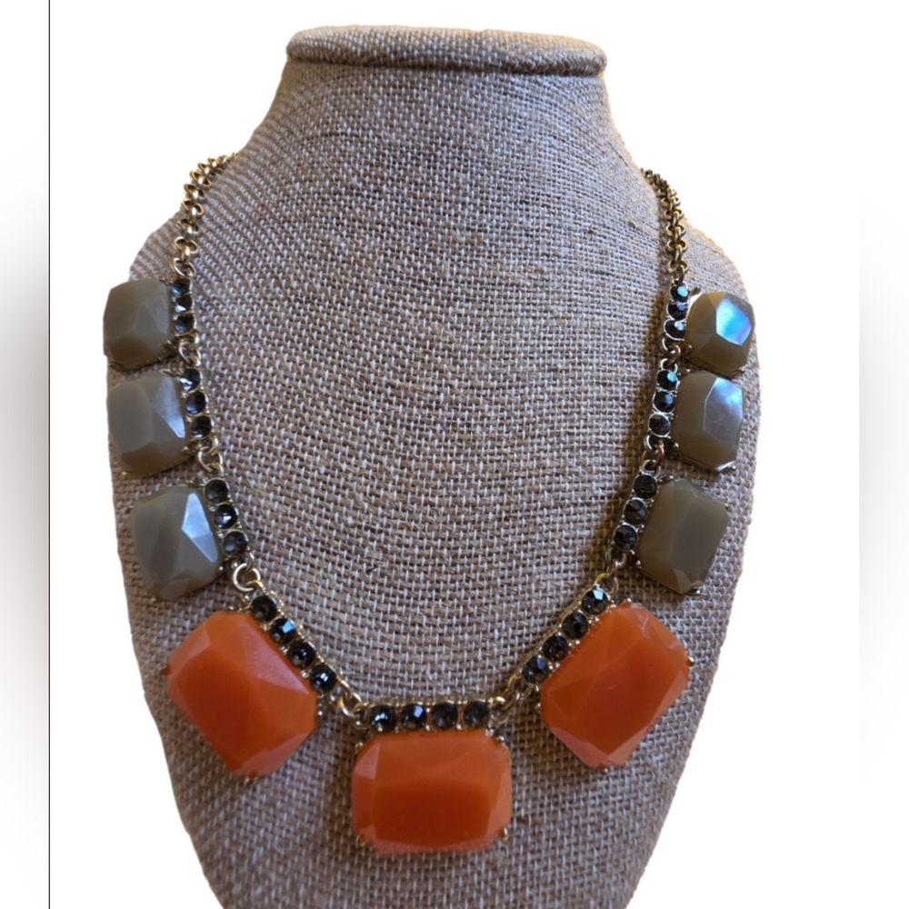Vintage Unique Statement Necklace Orange & Green Rhinestones 20" Gold Tone Chain